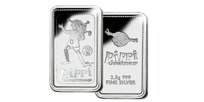 Pippi 75år - 2,5 grams silvertacka med  Pippi & Herr Nilsson i skrin
