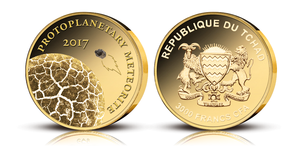 Mynt i 99,9 % guld med en bit av en meteorit (kondrit) Mynt i 99,9 % guld med en bit av en meteorit (kondrit)