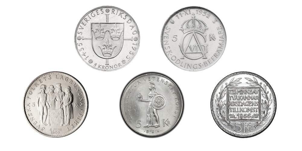 Komplett 5-kronor jubileumsset i silver 1935-1966