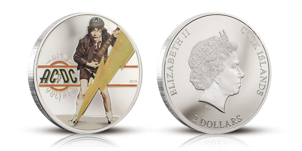 Hårdrocksbandet AC/DC på ett silvermynt Hårdrocksbandet AC/DC på ett silvermynt