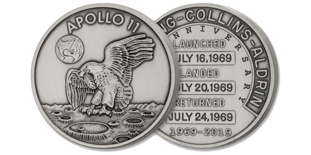 Ikonisk silverbelagd Robins medaljsom hedrar Apollo 11 Ikonisk silverbelagd Robins medaljsom hedrar Apollo 11