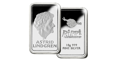Speciell hedersutgåva - en 10 g silvertacka med Astrid Lindgren i skrin 