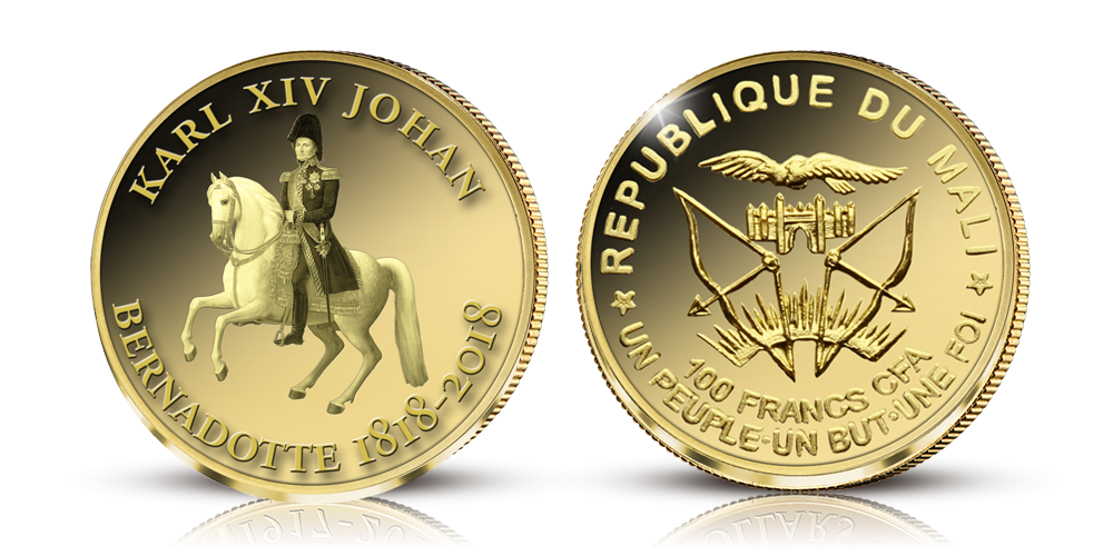 Mynt med motiv av Karl XIV Johan. Präglat i 99,9 % guld och bästa proof-kvalitet Mynt med motiv av Karl XIV Johan. Präglat i 99,9 % guld och bästa proof-kvalitet