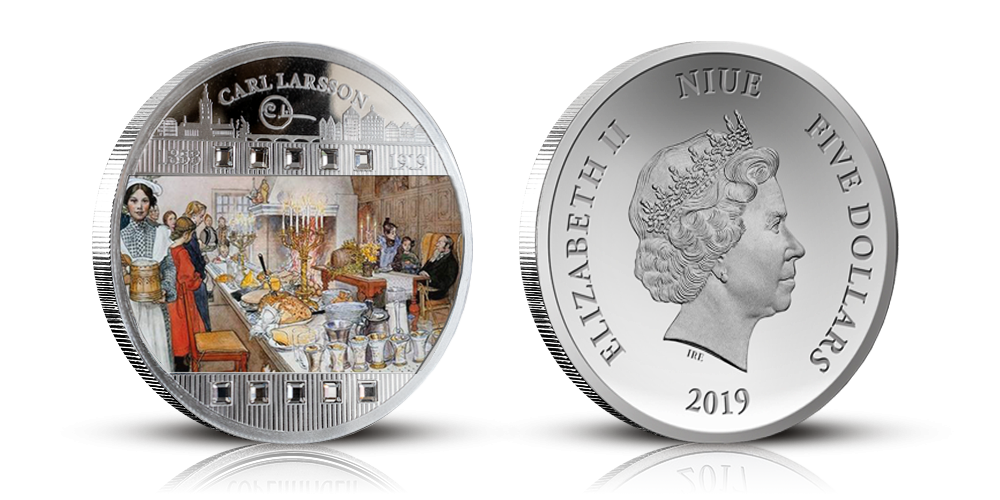 silvermynt med motiv av Carl Larssons ”Julaftonen” i 99,9 % silver. Målningen visar hur familjen och gårdsfolket firade julafton. En varm, familjär julstämning – det är det som lyser ur Carl Larssons bilder från hemmet i Sundborn från början av sekelskiftet. silvermynt med motiv av Carl Larssons ”Julaftonen” i 99,9 % silver. Målningen visar hur familjen och gårdsfolket firade julafton. En varm, familjär julstämning – det är det som lyser ur Carl Larssons bilder från hemmet i Sundborn från början av sekelskiftet.