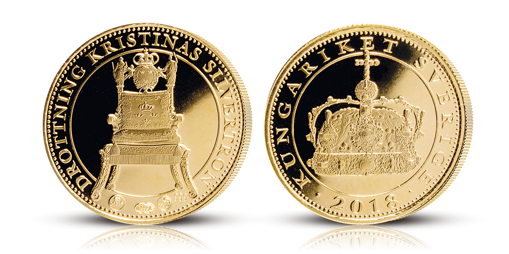 Minnesmedalj präglat av Mynthuset Sverige i 24 karat guld med motiv av Drottning Kristinas silvertron. Myntet väger 3,11 gram och har en diameter av 18 mm präglat i bästa proof-kvalitet. Minnesmedalj präglat av Mynthuset Sverige i 24 karat guld med motiv av Drottning Kristinas silvertron. Myntet väger 3,11 gram och har en diameter av 18 mm präglat i bästa proof-kvalitet.