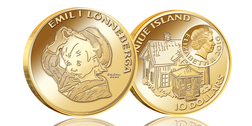 Emil och myssen-mynt i 90 % guld. Myntet väger 10 gram och är 26 mm i diameter. Myntets nominella värde är 10 dollar Emil och myssen-mynt i 90 % guld. Myntet väger 10 gram och är 26 mm i diameter. Myntets nominella värde är 10 dollar