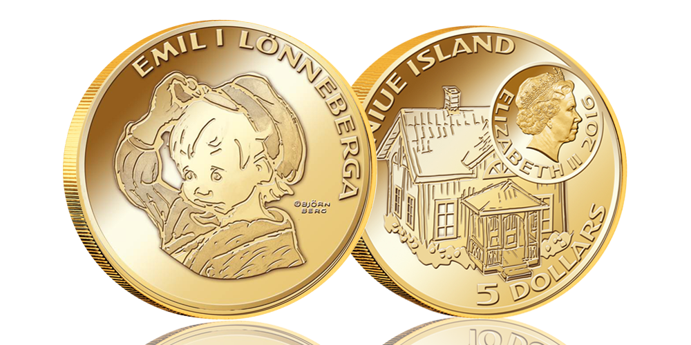 Emil och myssen på ett mynt i 90 % guld med en vikt på 3,45g och 21 mm i diameter. Myntets nominella värde är 5 dollar. Emil och myssen på ett mynt i 90 % guld med en vikt på 3,45g och 21 mm i diameter. Myntets nominella värde är 5 dollar.