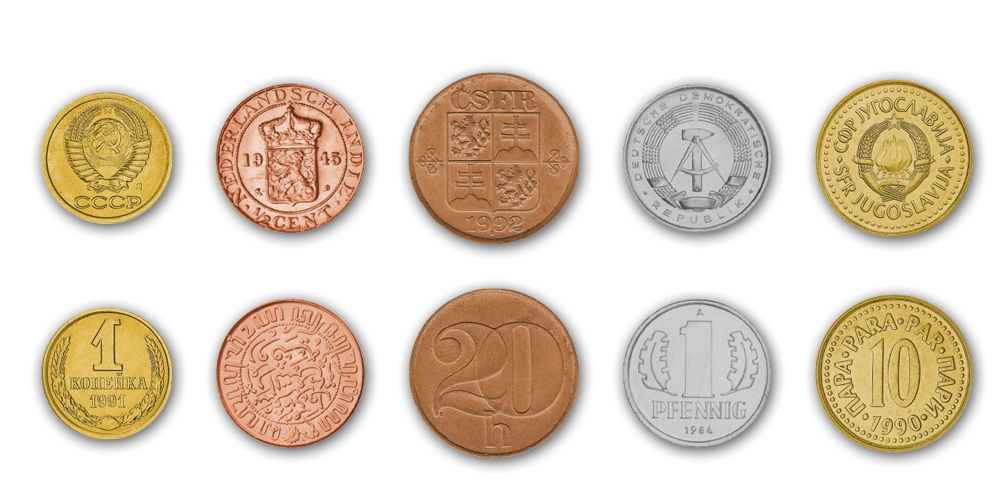 5 handplockade mynt från de utdöda länderna Sovjetunionen, Tjeckoslovakien, Nederländska Ostindien, Östtyskland och Jugoslavien. 5 handplockade mynt från de utdöda länderna Sovjetunionen, Tjeckoslovakien, Nederländska Ostindien, Östtyskland och Jugoslavien.