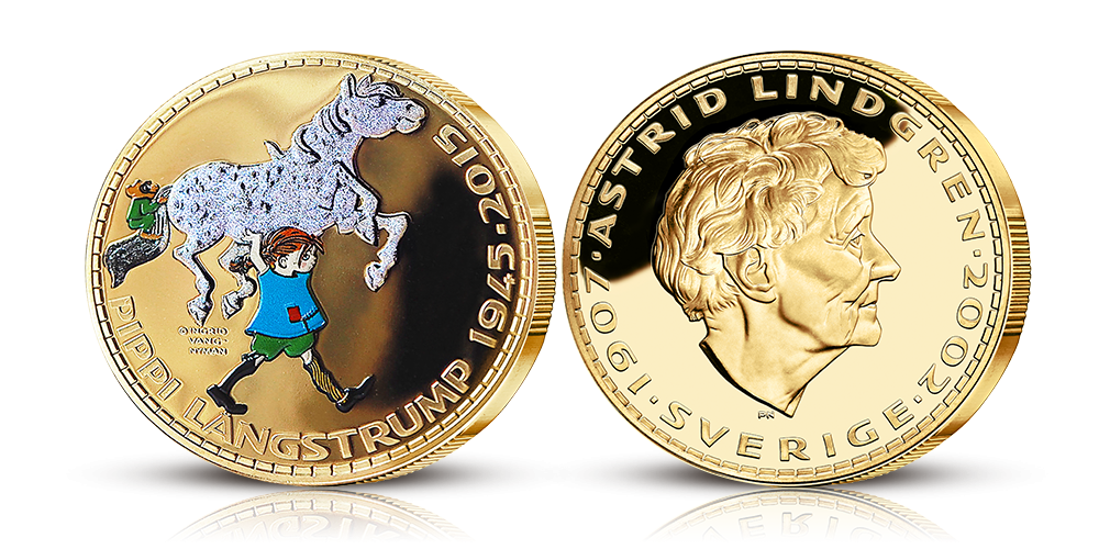 Pippi medalj i kopparnickel förgylld med 24 karat, färg och diamond dust Pippi medalj i kopparnickel förgylld med 24 karat, färg och diamond dust