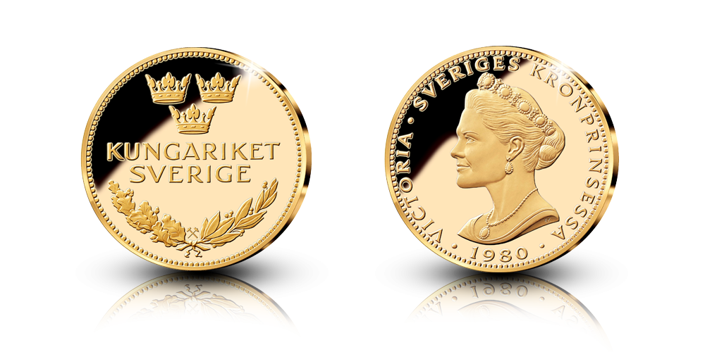 Guldmedalj med Kronprinsessan Victoria i 9 karat guld och hela 25 mm i diameter Guldmedalj med Kronprinsessan Victoria i 9 karat guld och hela 25 mm i diameter