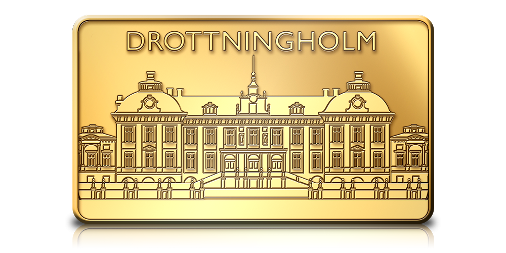 guldtacka med motiv av Drottningholm i 99,9 % guld. Guldtackan väger 5 gram och har en storlek av 24 x 14 mm guldtacka med motiv av Drottningholm i 99,9 % guld. Guldtackan väger 5 gram och har en storlek av 24 x 14 mm