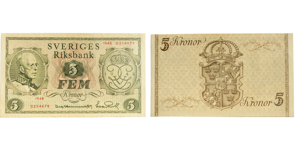 5-kronor jubileumssedel (1948) som hedrar Gustav V:s 90-årsdag 5-kronor jubileumssedel (1948) som hedrar Gustav V:s 90-årsdag