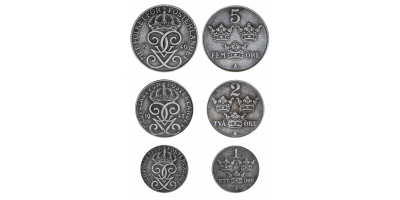 Gustav V set med 3 järnmynt 1942-1945 