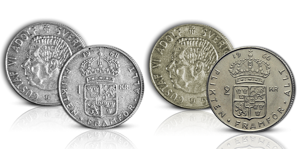 Gustav VI Adolf 1  från 1968 och 2 krona från 1966