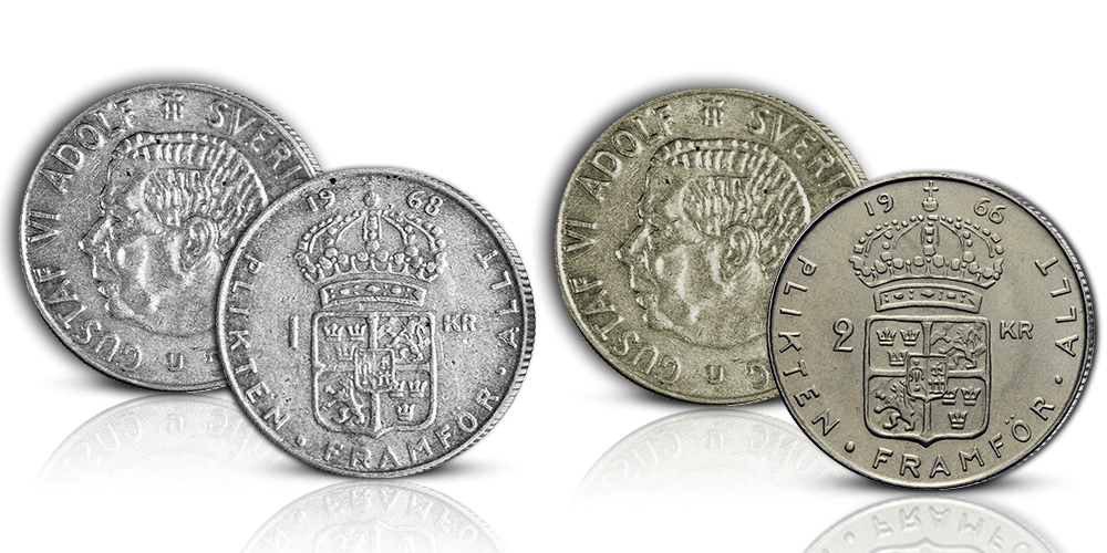 Gustav VI Adolf 1 från 1968 och 2 krona från 1966 Gustav VI Adolf 1 från 1968 och 2 krona från 1966