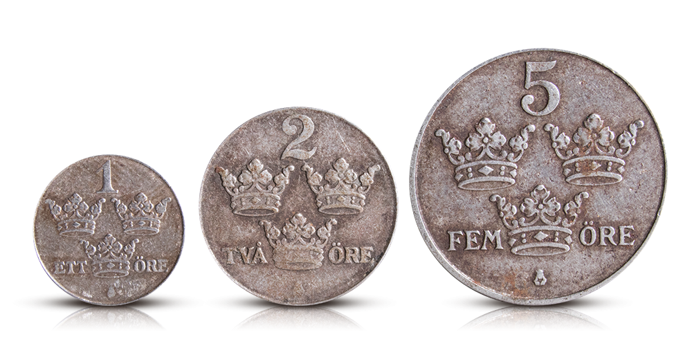 Tre svenska nödmynt från 1942-1950 Tre svenska nödmynt från 1942-1950