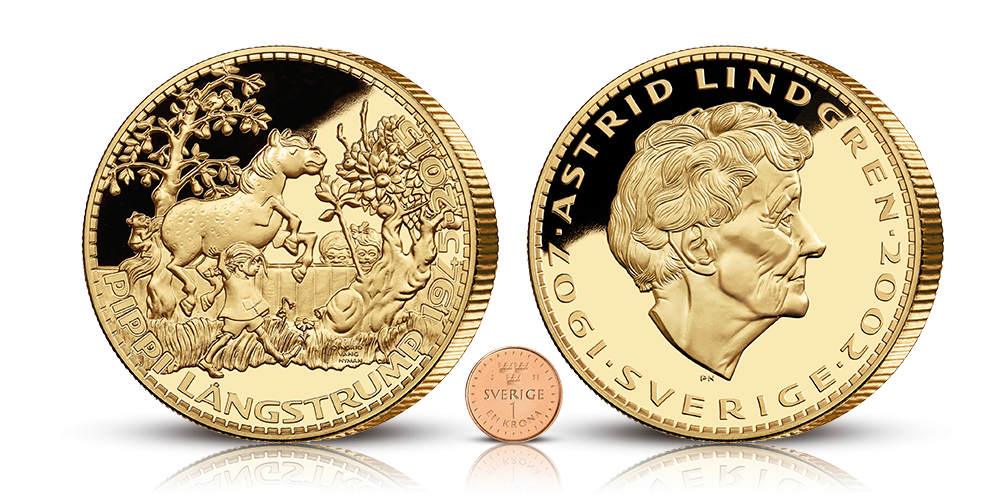 Gigantmedalj präglad i koppar och belagd med 24 karat guld, hela 88,7 mm i diameter och väger 400 gram. Motivet är hämtat från en av Ingrid Vang Nymans klassiska Pippiillustrationer. Gigantmedalj präglad i koppar och belagd med 24 karat guld, hela 88,7 mm i diameter och väger 400 gram. Motivet är hämtat från en av Ingrid Vang Nymans klassiska Pippiillustrationer.
