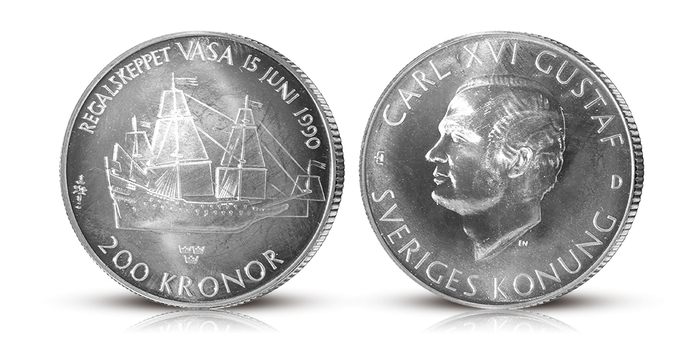 Regalskeppet Vasa – det mest kända svenska skeppsvraket på en 200 krona i silver Regalskeppet Vasa – det mest kända svenska skeppsvraket på en 200 krona i silver