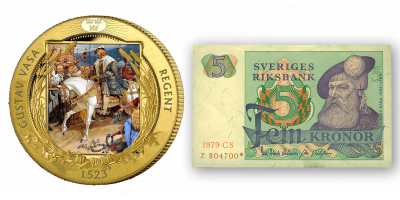 Gustav Vasa 1523 förgylld medalj + 5 kr sedel