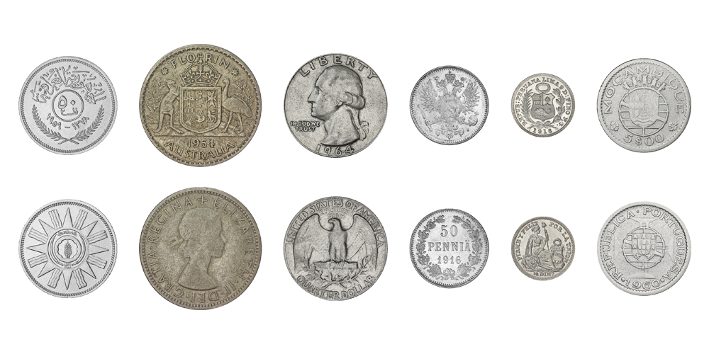 6 silvermynt från 6 kontinenter 1865-1960 6 silvermynt från 6 kontinenter 1865-1960