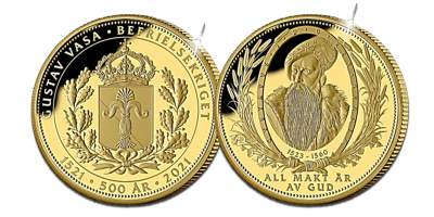 Gustav Vasas Befrielsekrig 500år 3,11g 24k guldmedalj