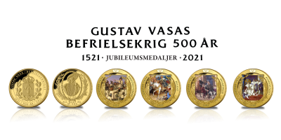 Gustav Vasa 500år 1521–2021 samling 5 medaljer i förvaringsbok med certifikat 